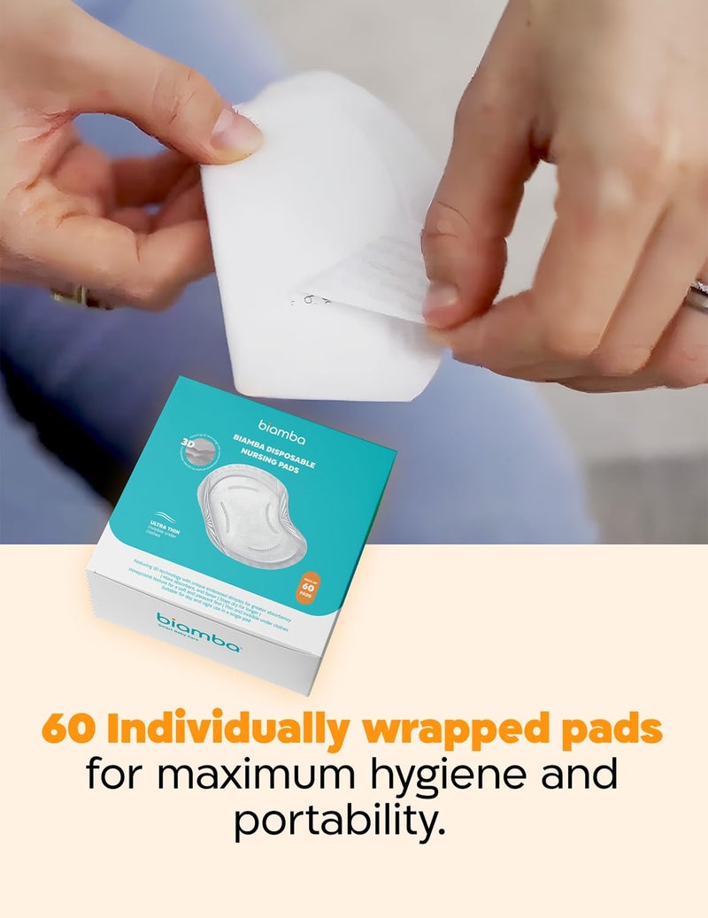 Biamba 60-Pack Disposable Nursing Pads for Breastfeeding - Ultra Thin Breast Pads for Leaking Milk Disposable with 3D Absorption & Leak Protection Individually Wrapped, Day & Night Nursing Essentials - Image 2